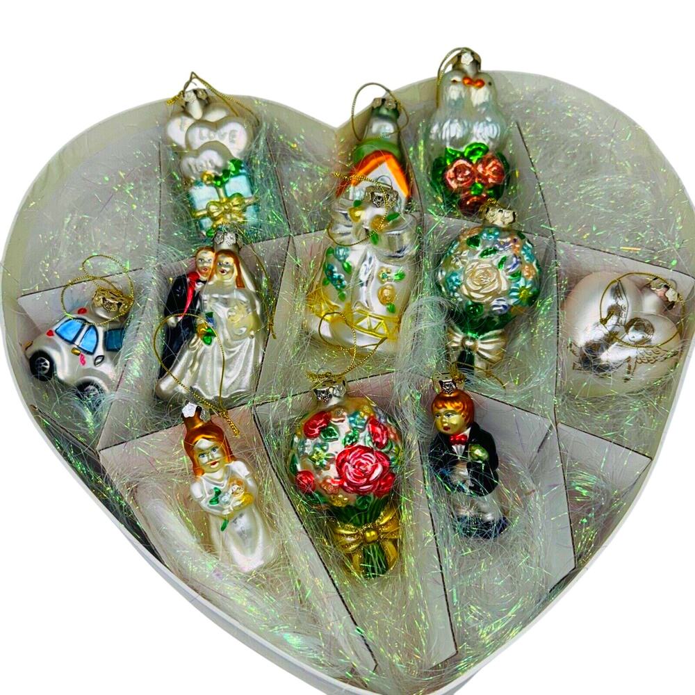 11 Vintage Glass Wedding Ornaments Heart Boxed Set Bride Groom Doves Church Love